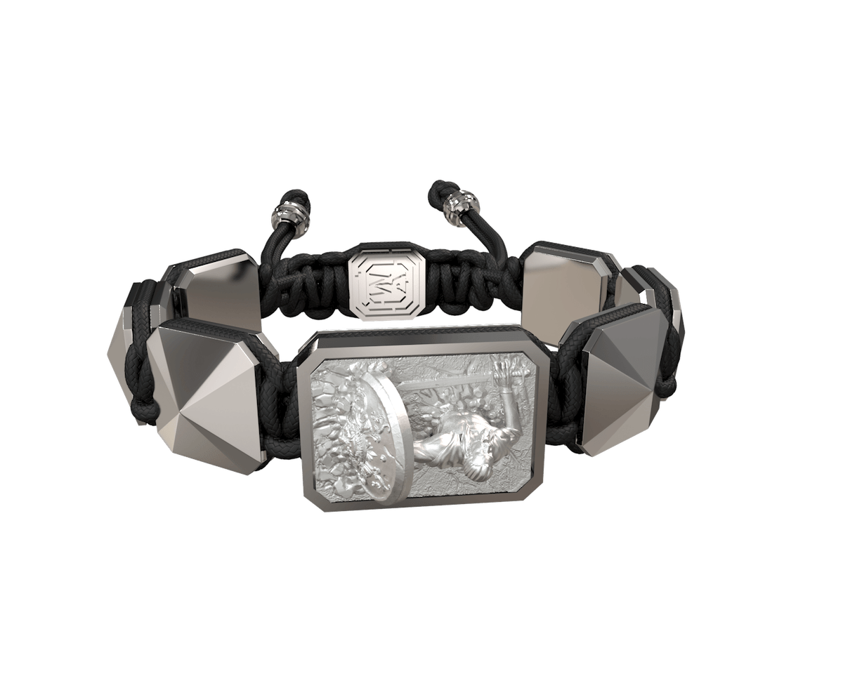 I Will Fight till the End bracelet with ceramic and sculpture finished in a Platinum effect complemented with a black coloured cord.
