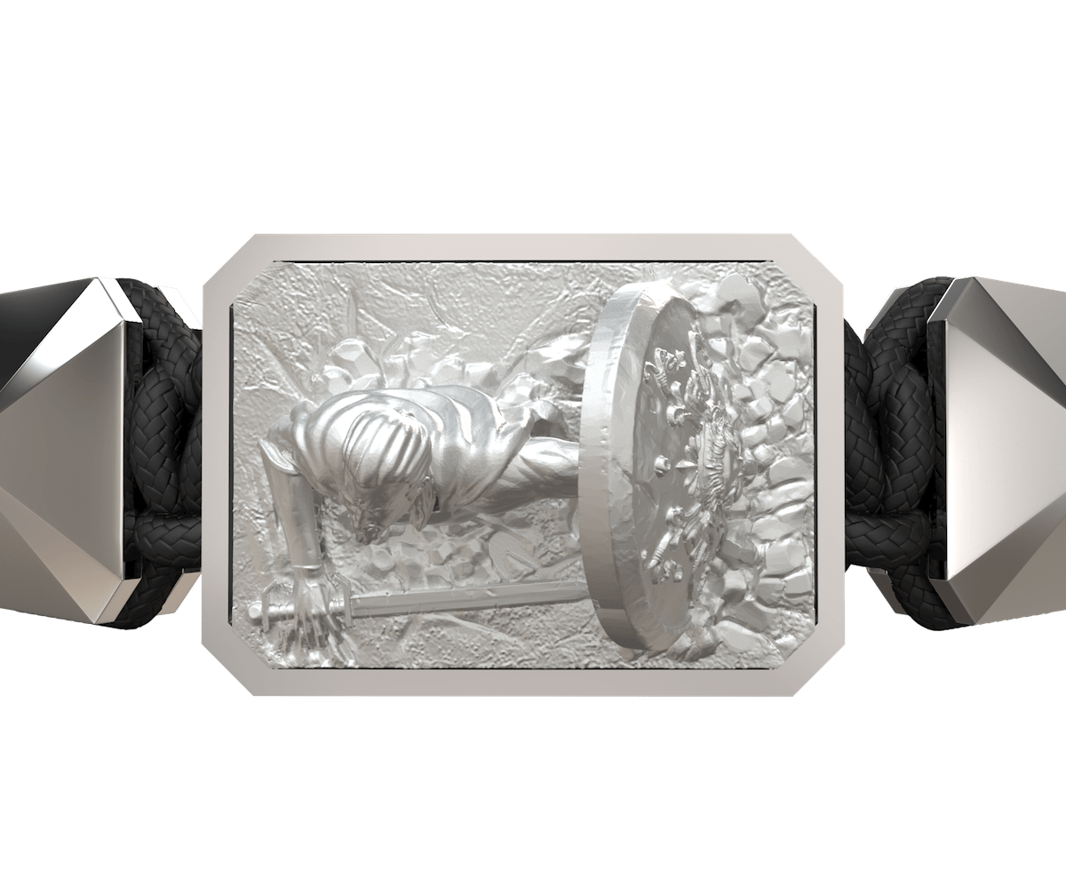 I Will Fight till the End bracelet with ceramic and sculpture finished in a Platinum effect complemented with a black coloured cord.