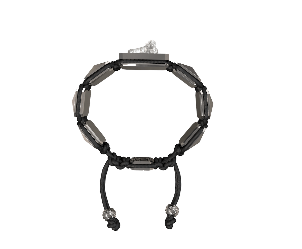 My Family First bracelet with ceramic and sculpture finished in a Platinum effect complemented with a black coloured cord.