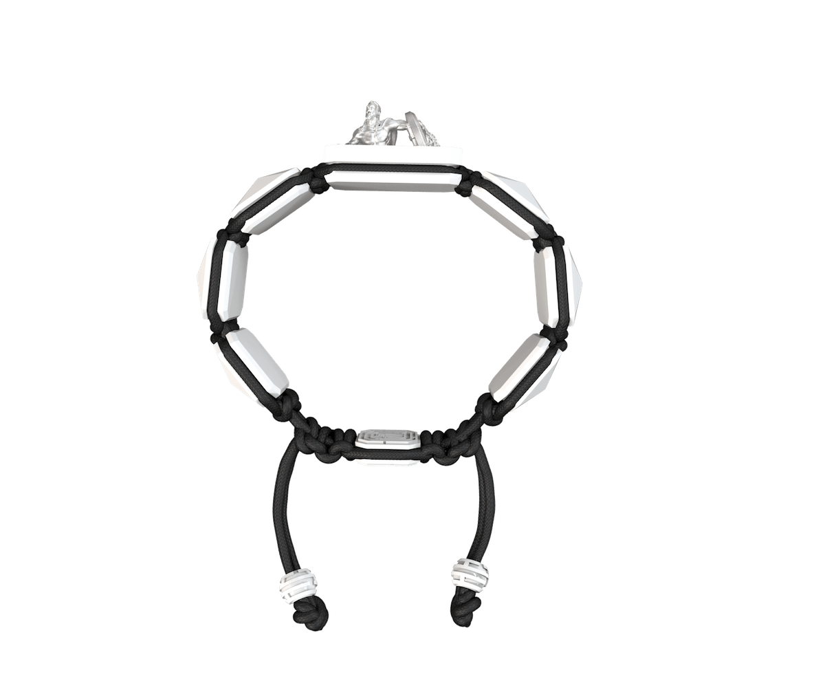 I Will Fight till the End bracelet with white ceramic and sculpture finished in a Platinum effect complemented with a black coloured cord.