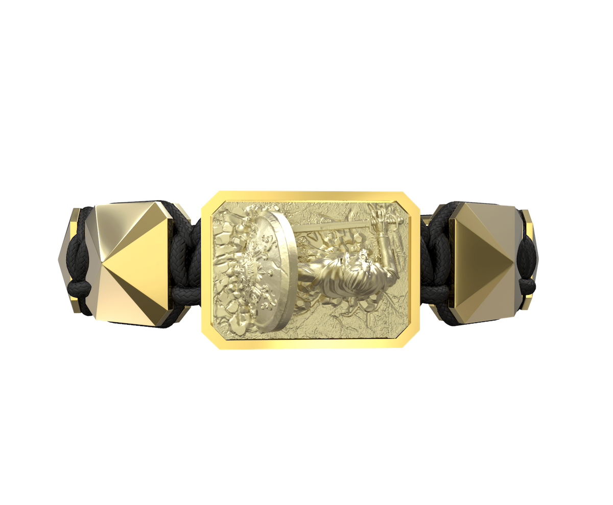 I Will Fight till the End bracelet with ceramic and sculpture finished in 18k Yellow Gold complemented with a black coloured cord.