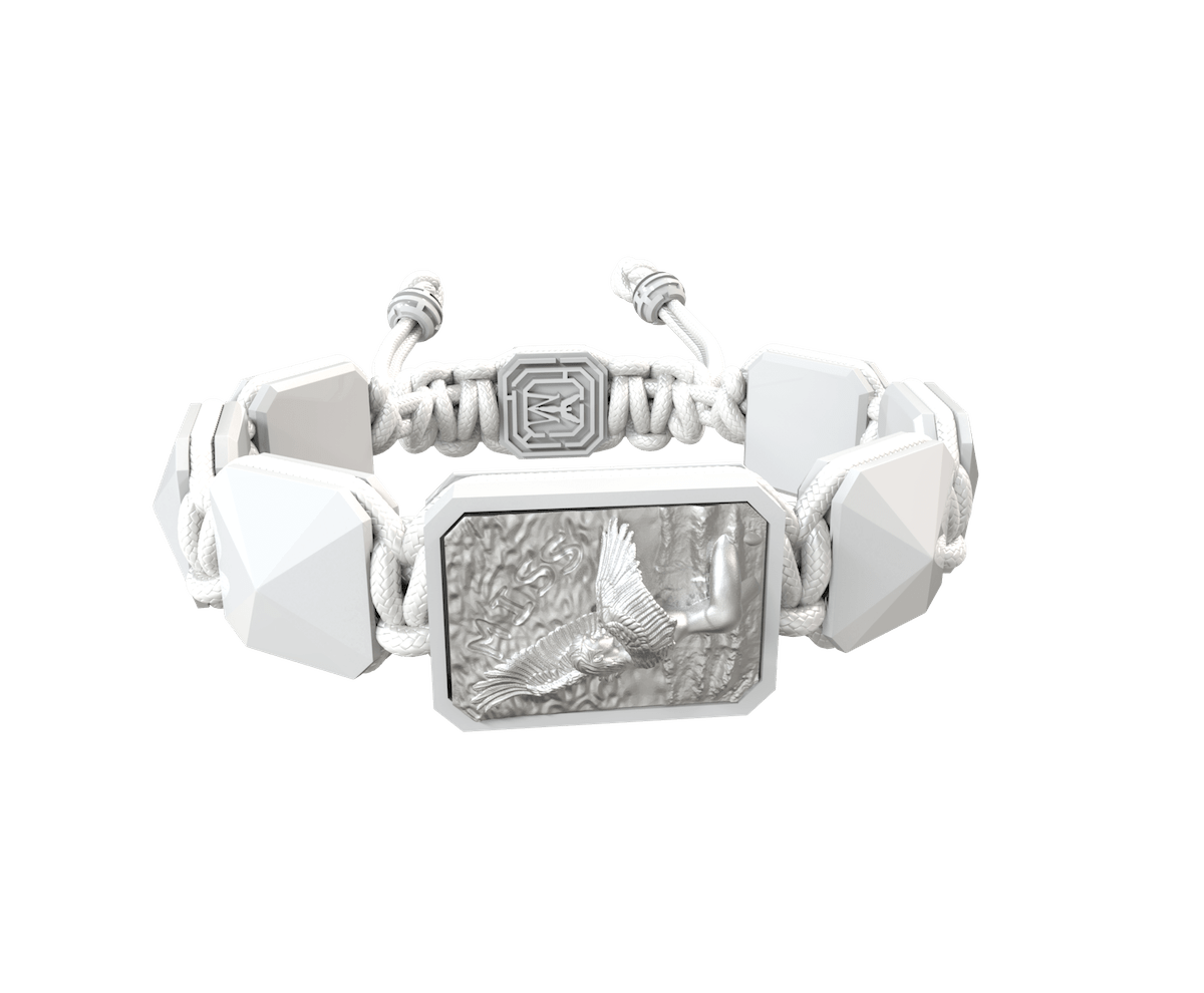 Miss You bracelet with white ceramic and sculpture finished in a Platinum effect complemented with a white coloured cord.