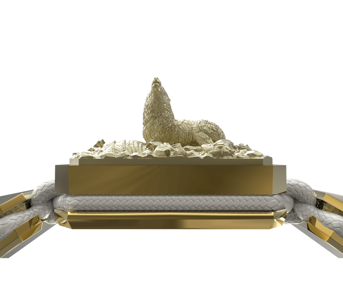 Pulsera Selfmade con cerámica y escultura acabadas en Oro Amarillo de 18k. Hilo blanco.
