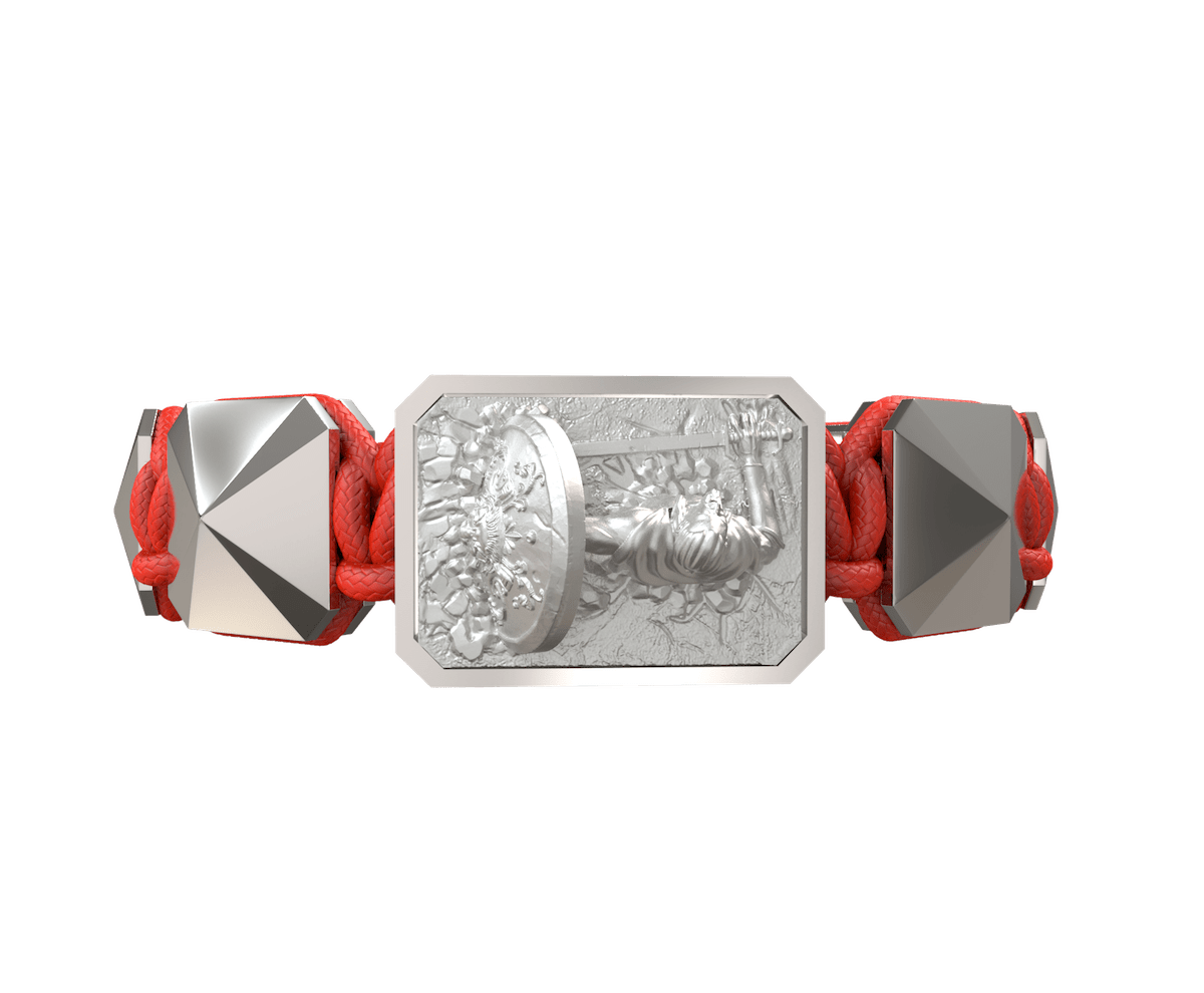 I Will Fight till the End bracelet with ceramic and sculpture finished in a Platinum effect complemented with a red coloured cord.