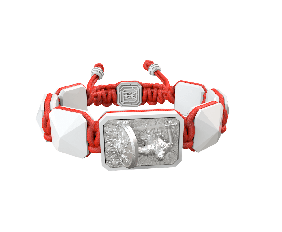 I Will Fight till the End bracelet with white ceramic and sculpture finished in a Platinum effect complemented with a red coloured cord.