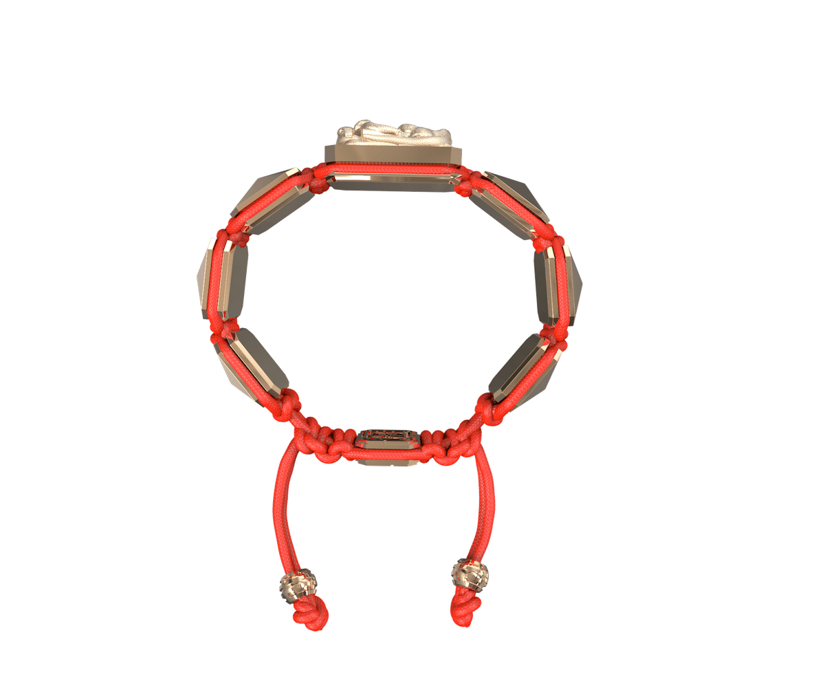 I Quit bracelet with ceramic and sculpture finished in 18k Rose Gold complemented with a red coloured cord.