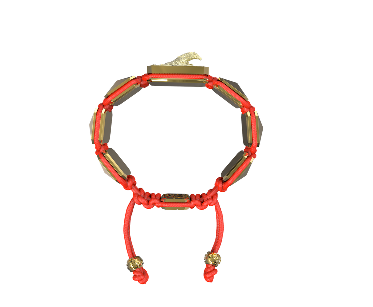 I'm Different bracelet with ceramic and sculpture finished in 18k Yellow Gold complemented with a red coloured cord.