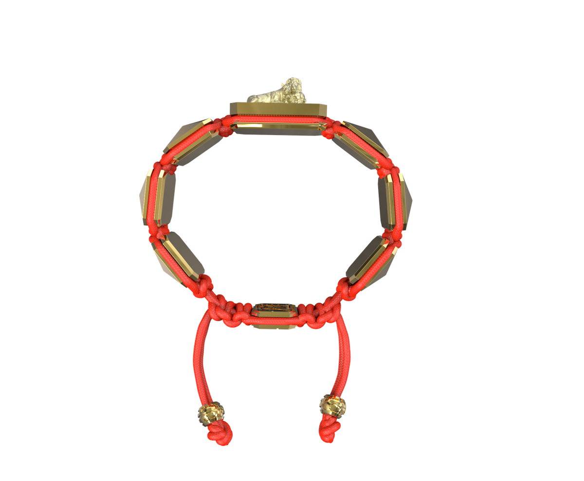 My Family First bracelet with ceramic and sculpture finished in 18k Yellow Gold complemented with a red coloured cord.