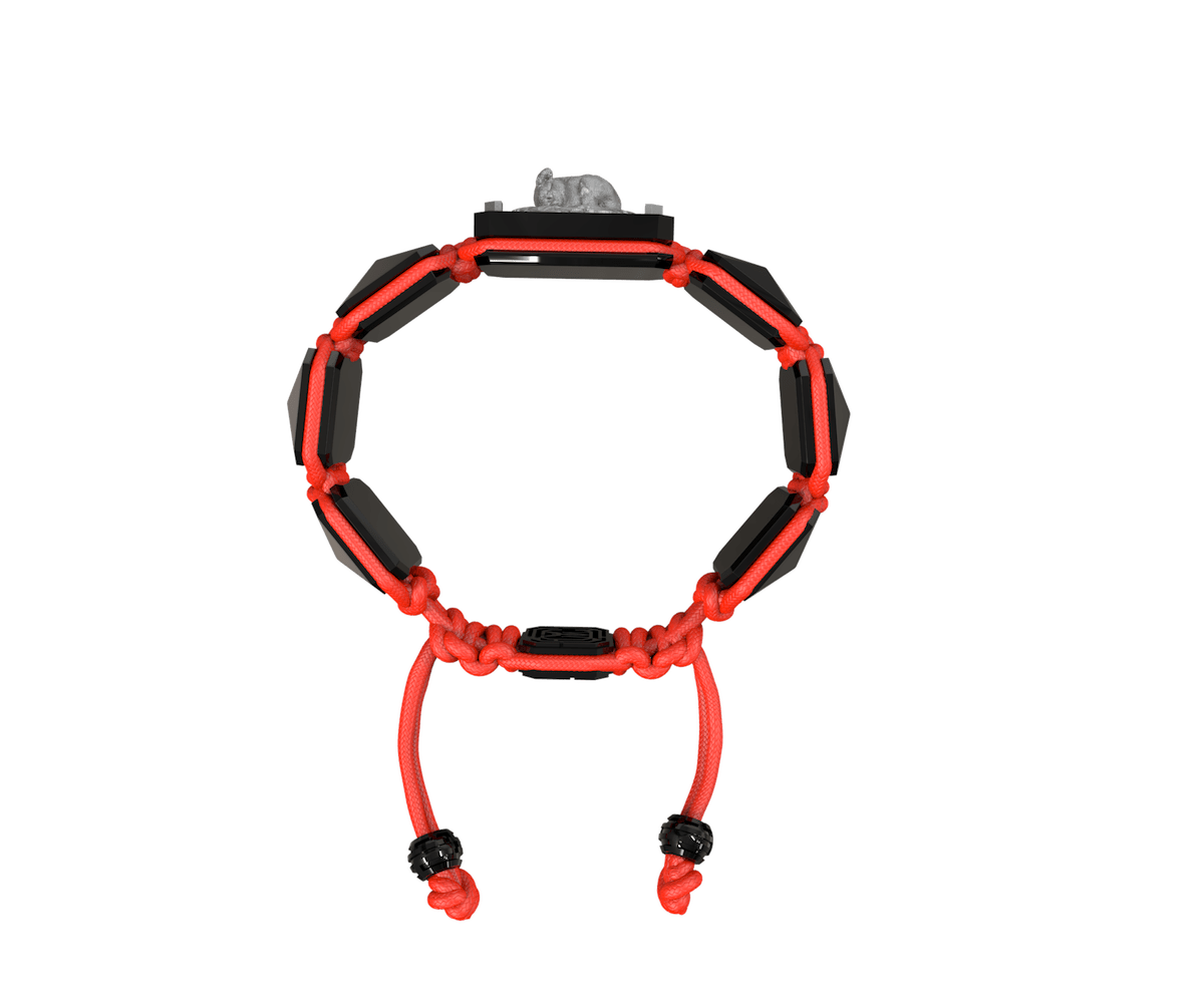 I Love My Baby bracelet with black ceramic and sculpture finished in anthracite color complemented with a red coloured cord.