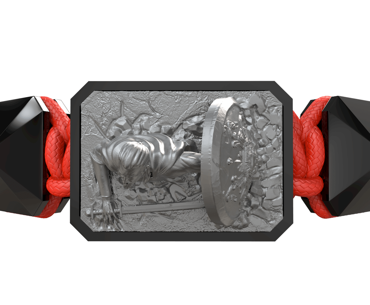 I Will Fight till the End bracelet with black ceramic and sculpture finished in anthracite color complemented with a red coloured cord.