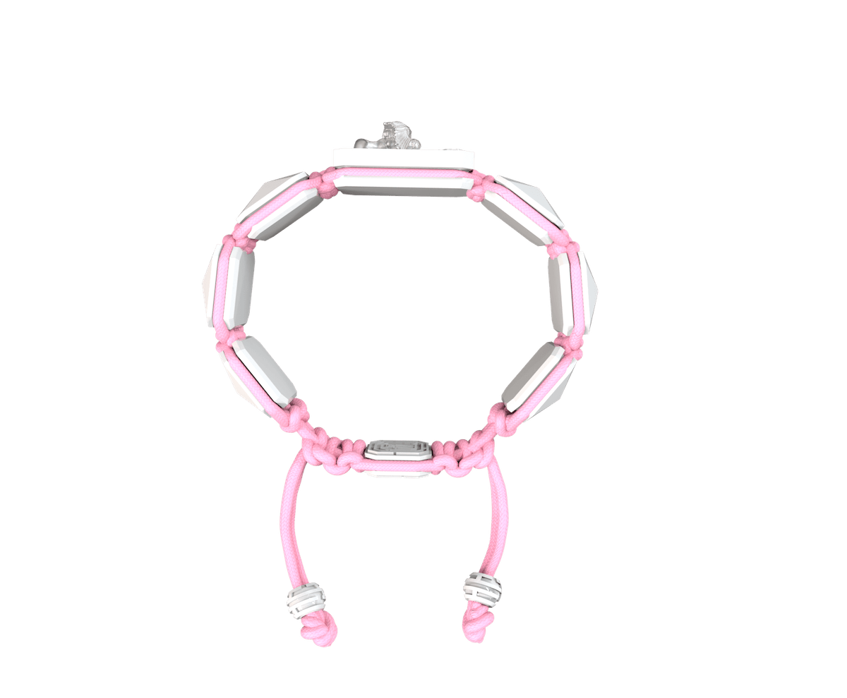 Miss You bracelet with white ceramic and sculpture finished in a Platinum effect complemented with a pink coloured cord.