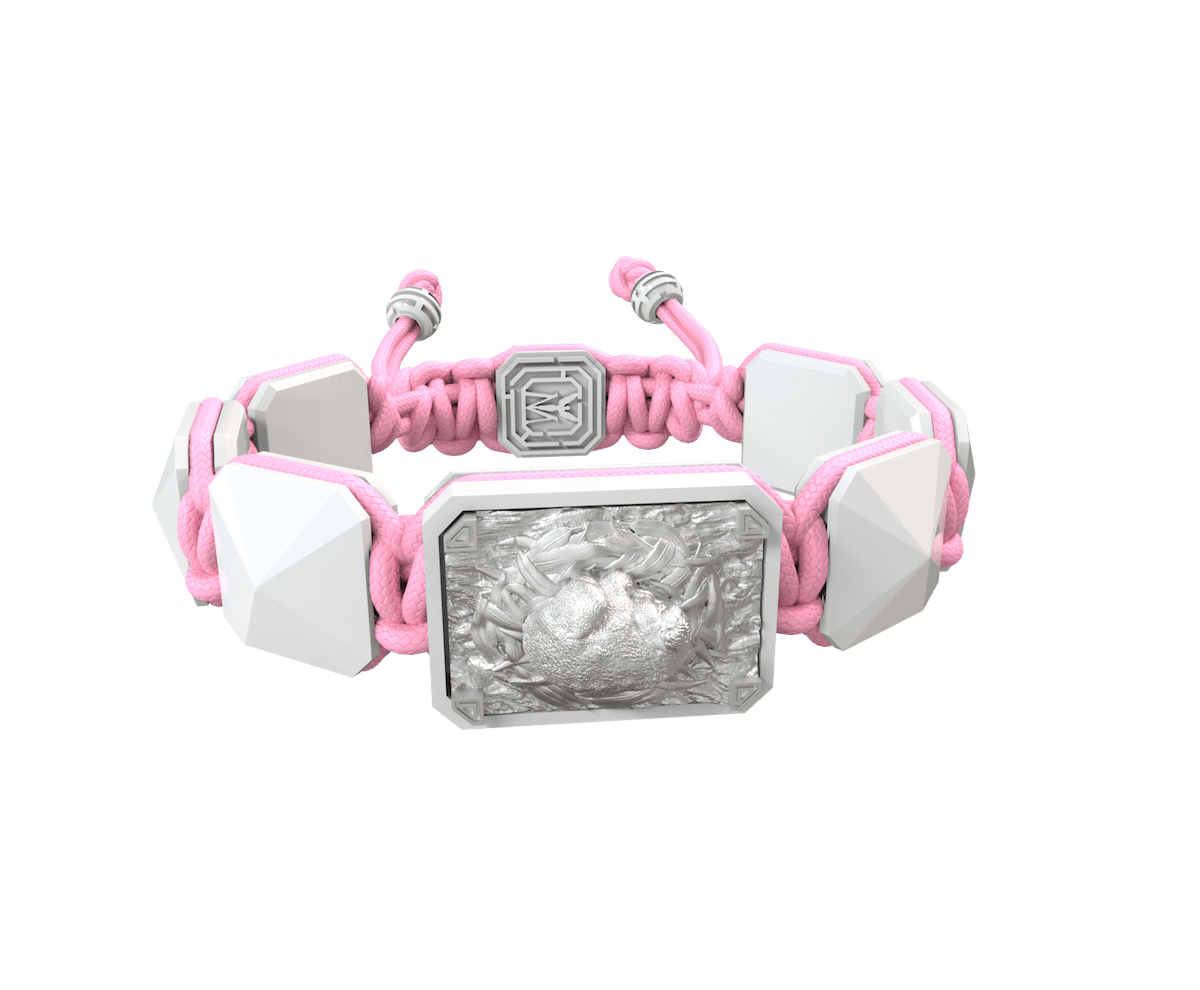 I Love My Baby bracelet with white ceramic and sculpture finished in a Platinum effect complemented with a pink coloured cord.