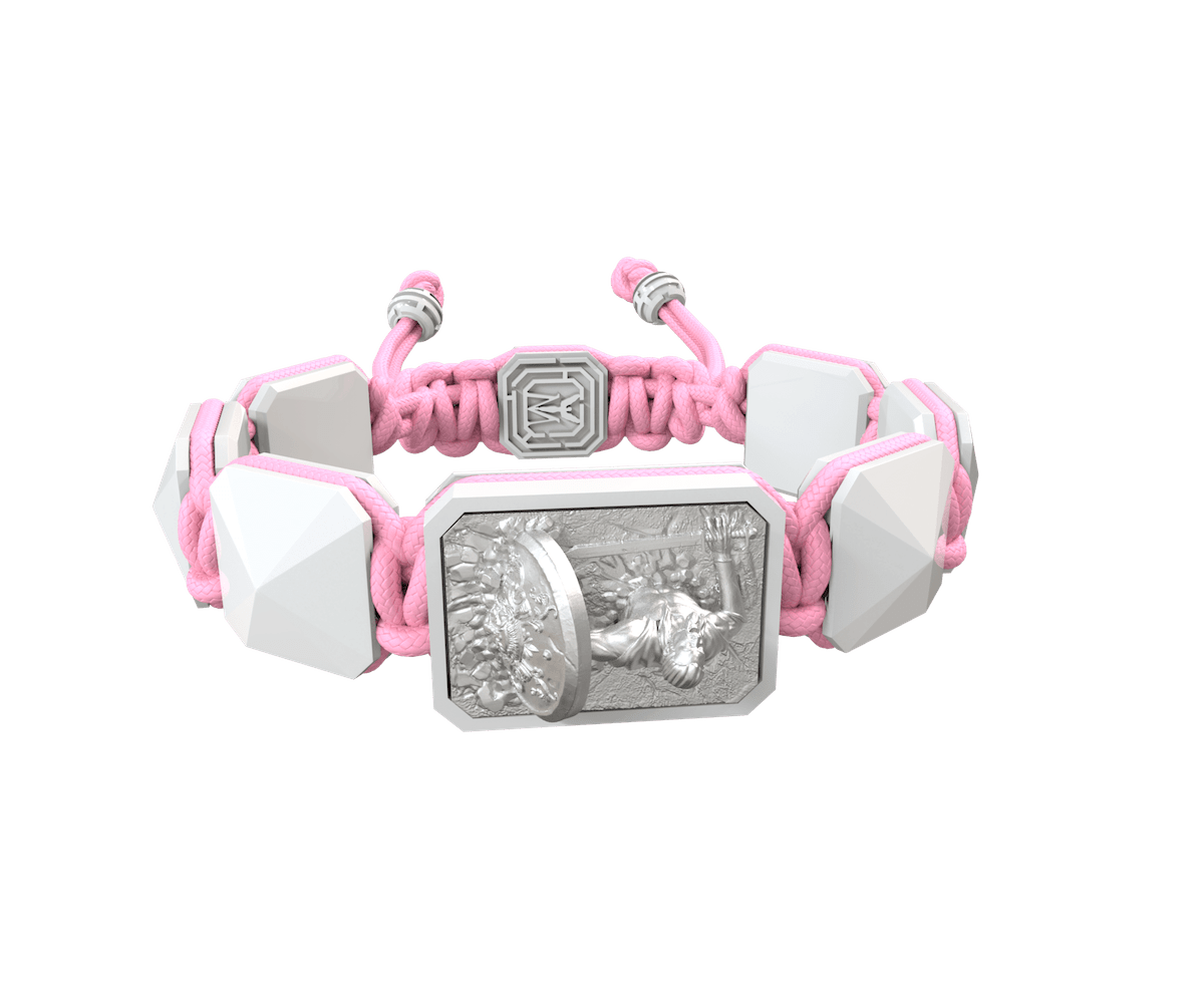 I Will Fight till the End bracelet with white ceramic and sculpture finished in a Platinum effect complemented with a pink coloured cord.