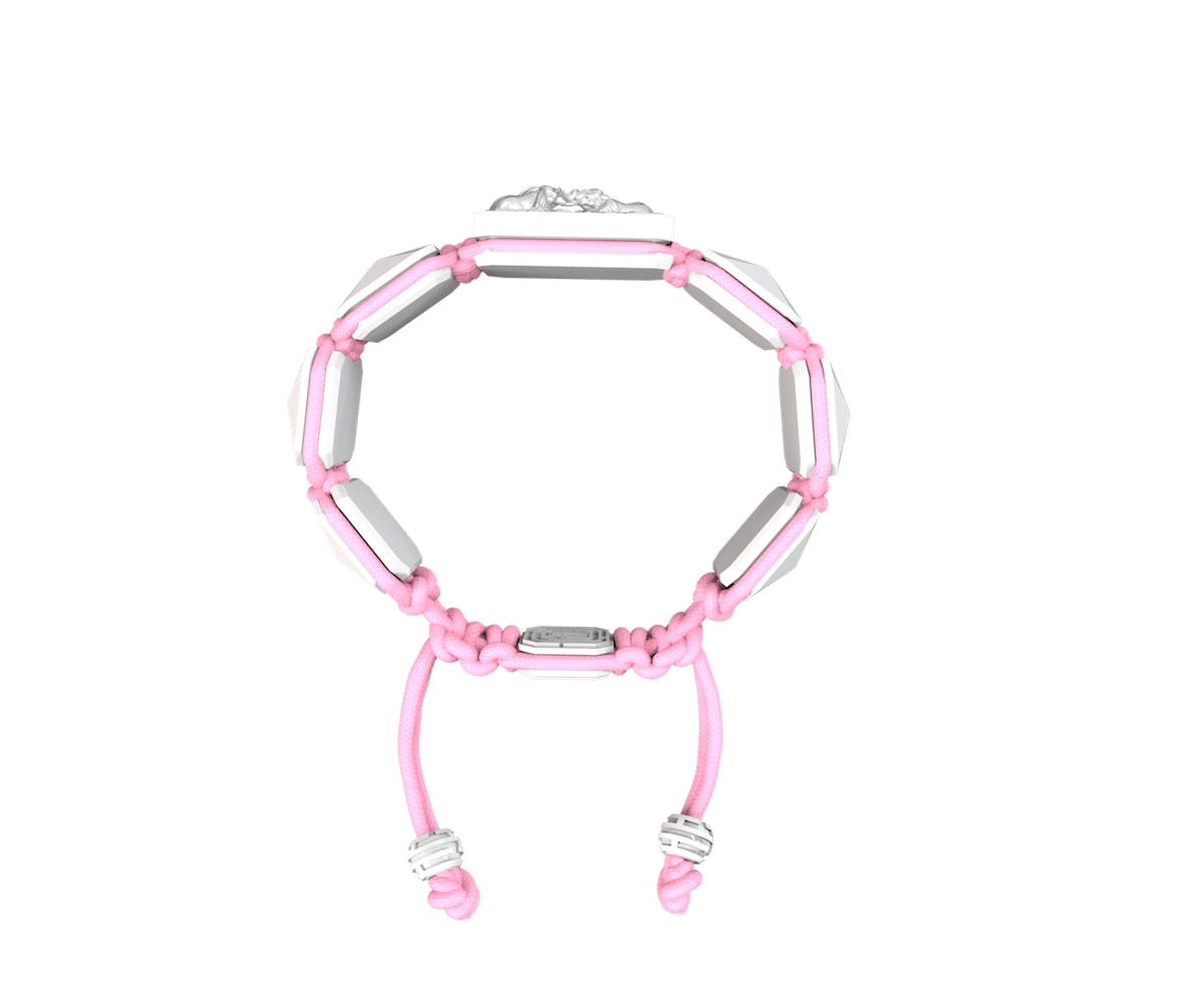 Forever In My Heart bracelet with white ceramic and sculpture finished in a Platinum effect complemented with a pink coloured cord.