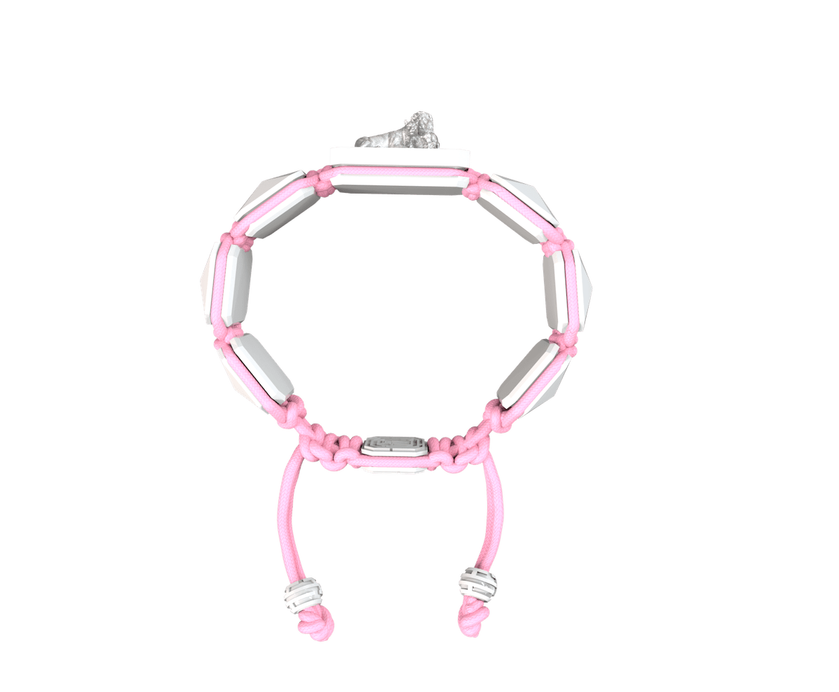 My Family First bracelet with white ceramic and sculpture finished in a Platinum effect complemented with a pink coloured cord.