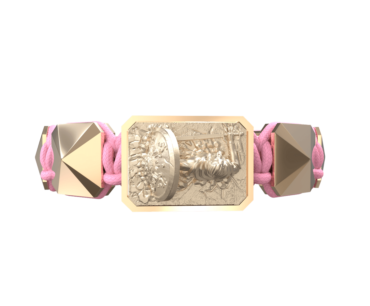 I Will Fight till the End bracelet with ceramic and sculpture finished in 18k Rose Gold complemented with a pink coloured cord.