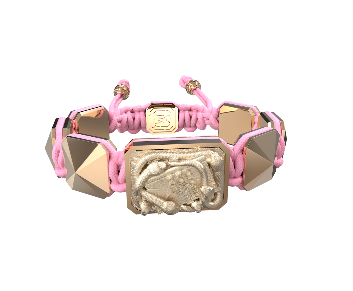 I Quit bracelet with ceramic and sculpture finished in 18k Rose Gold complemented with a pink coloured cord.