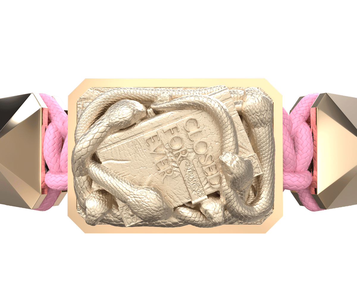 Pulsera I Quit con cerámica y escultura acabadas en Oro Rosa de 18k. Hilo rosa.