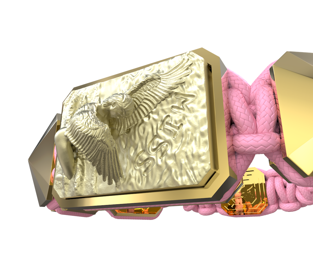 Pulsera Miss You con cerámica y escultura acabadas en Oro Amarillo de 18k. Hilo rosa.
