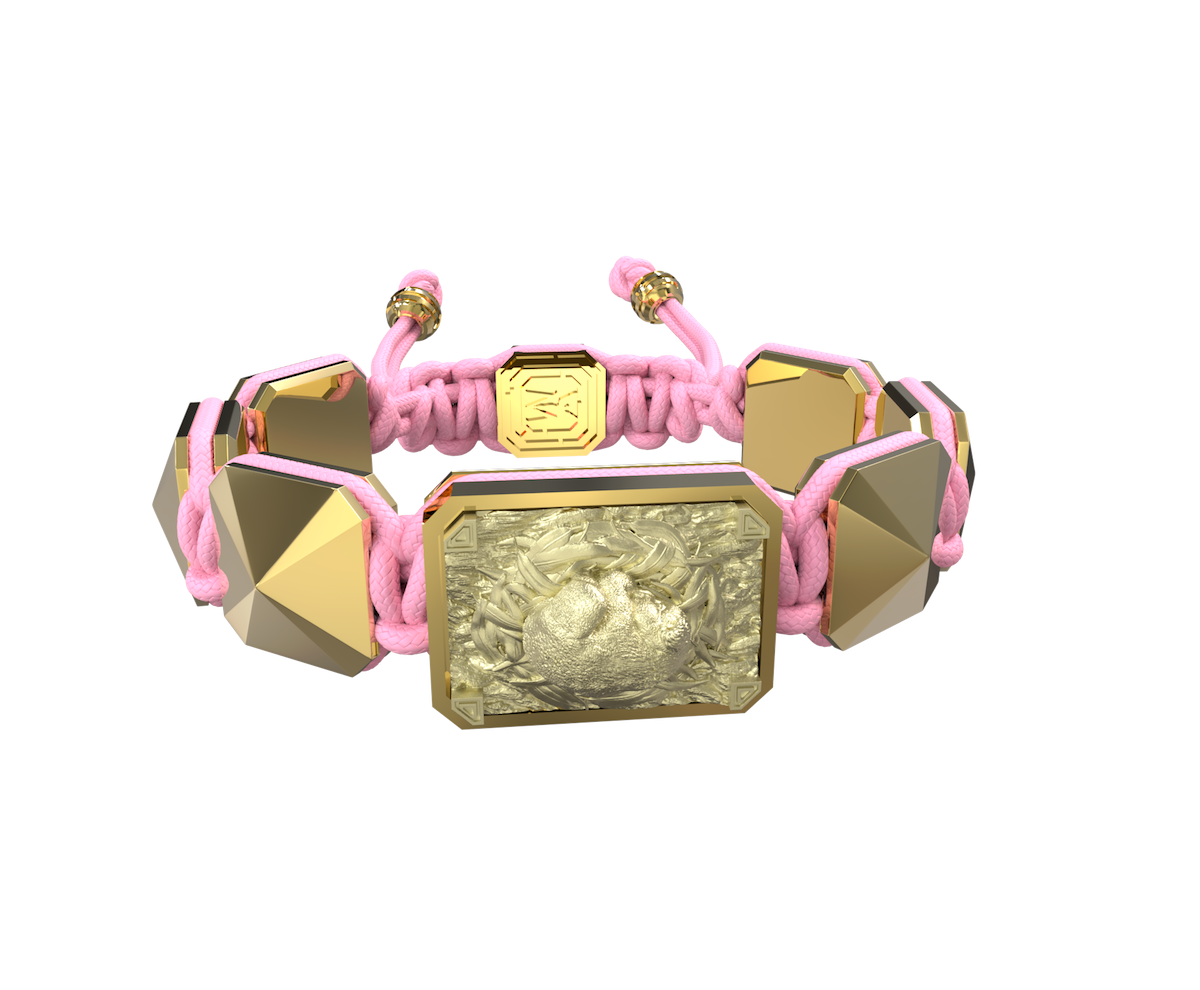I Love My Baby bracelet with ceramic and sculpture finished in 18k Yellow Gold complemented with a pink coloured cord.