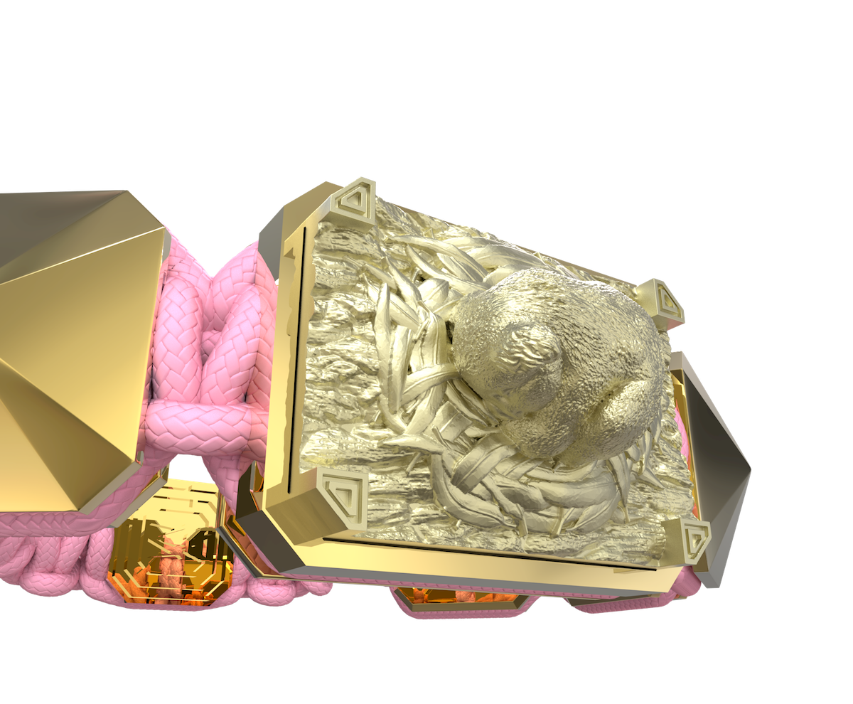 Pulsera I Love My Baby con cerámica y escultura acabadas en Oro Amarillo de 18k. Hilo rosa.