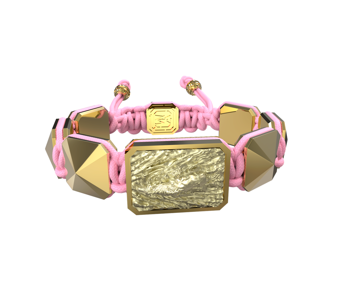 I'm Different bracelet with ceramic and sculpture finished in 18k Yellow Gold complemented with a pink coloured cord.