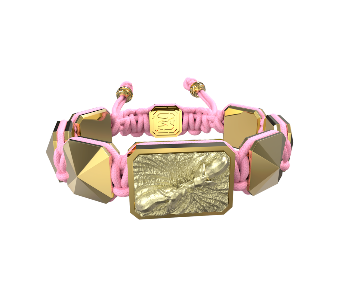 Forever In My Heart bracelet with ceramic and sculpture finished in 18k Yellow Gold complemented with a pink coloured cord.