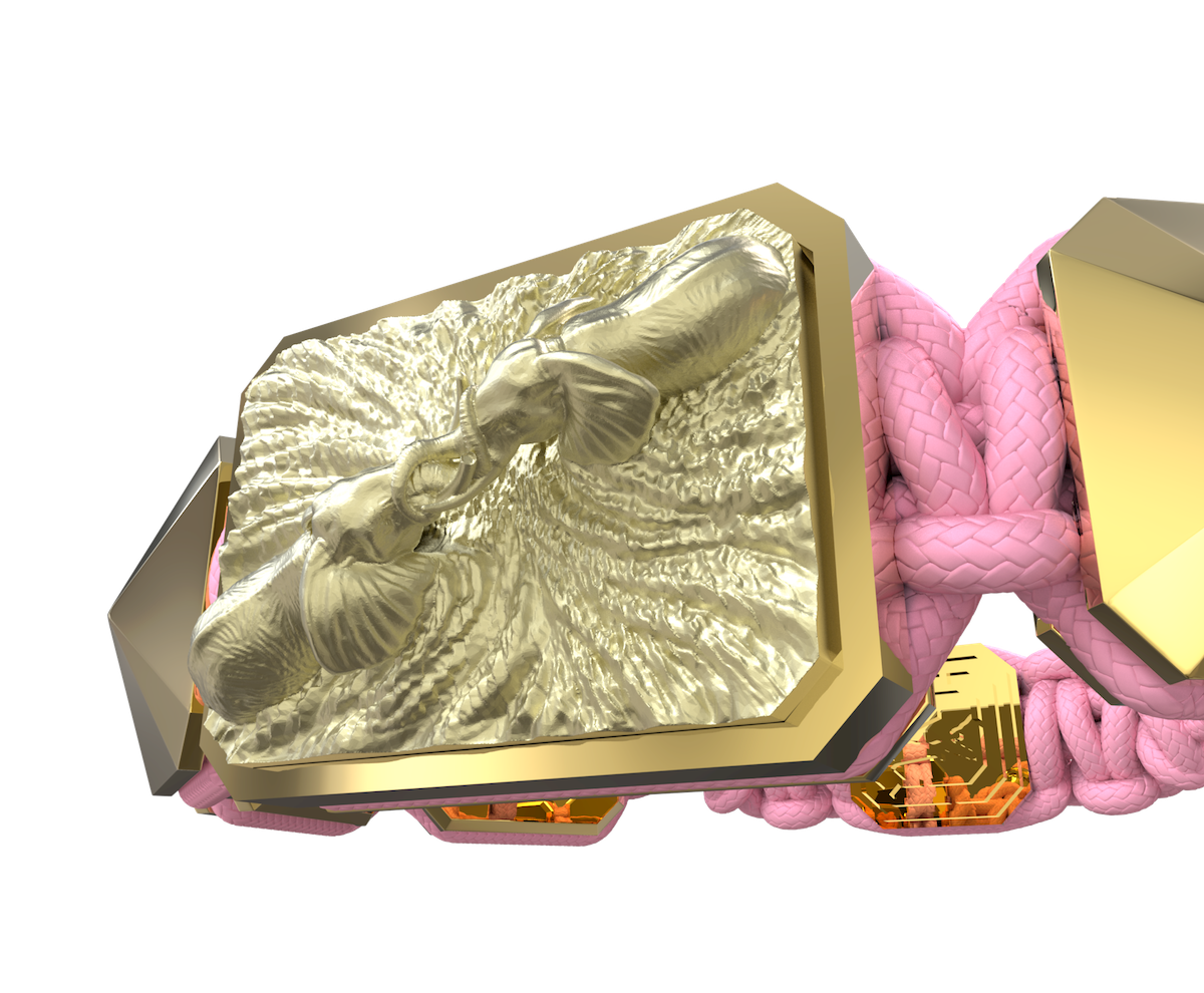 Pulsera Forever In My Heart con cerámica y escultura acabadas en Oro Amarillo de 18k. Hilo rosa.