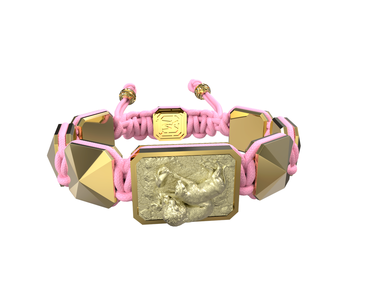 My Family First bracelet with ceramic and sculpture finished in 18k Yellow Gold complemented with a pink coloured cord.