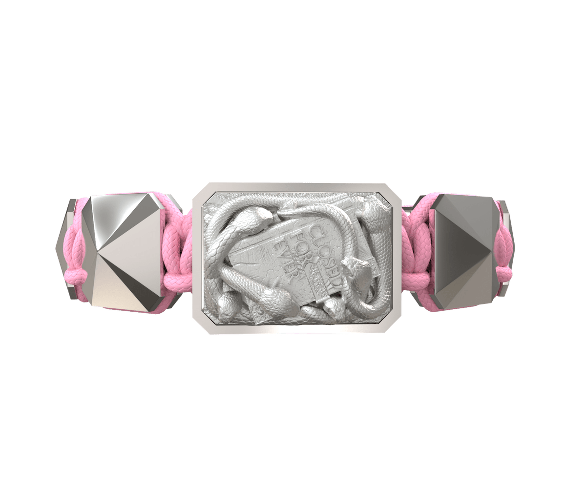 I Quit bracelet with ceramic and sculpture finished in a Platinum effect complemented with a pink coloured cord.