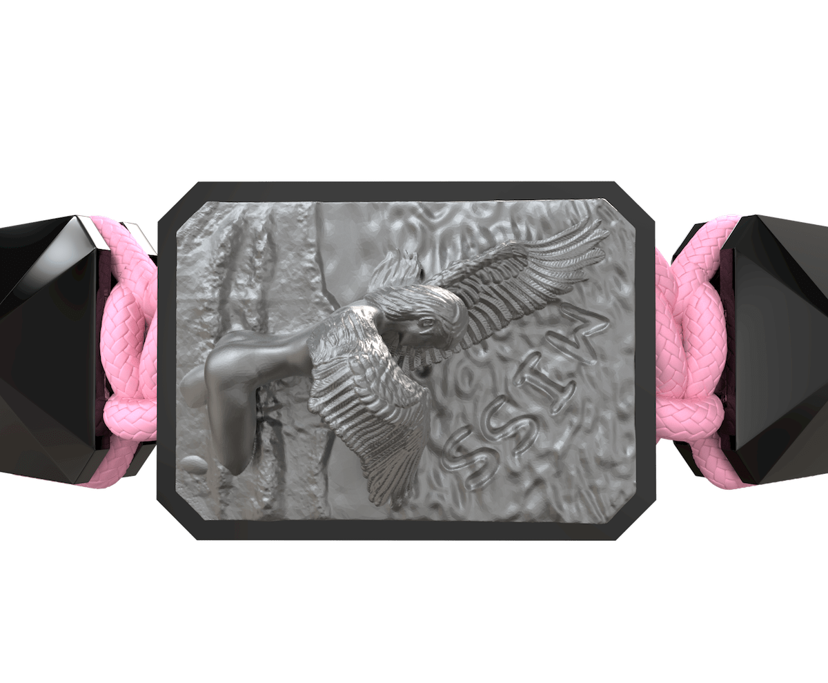 Pulsera Miss You con cerámica negra y escultura acabada en color antracita. Hilo rosa.