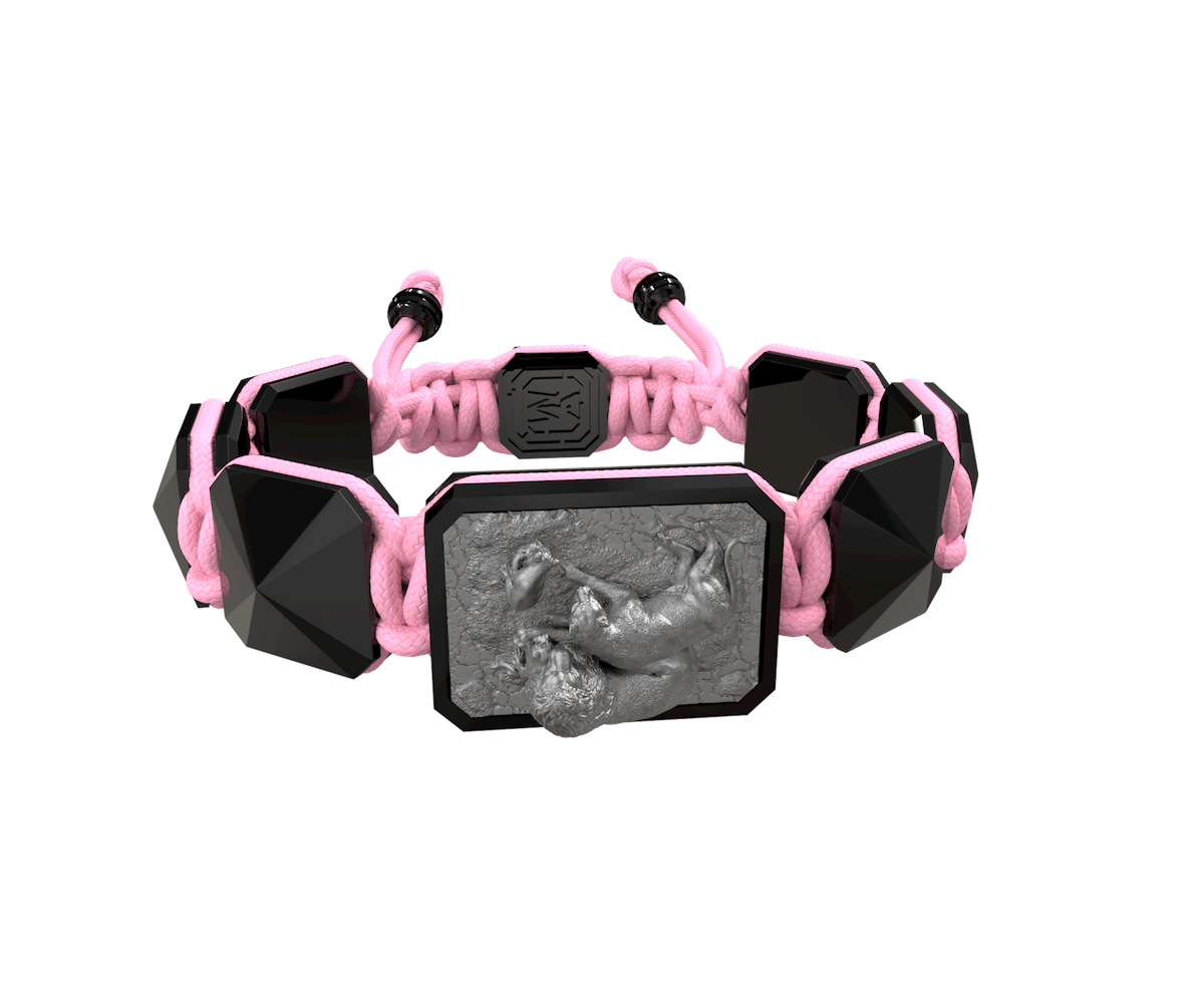 My Family First bracelet with black ceramic and sculpture finished in anthracite color complemented with a pink coloured cord.