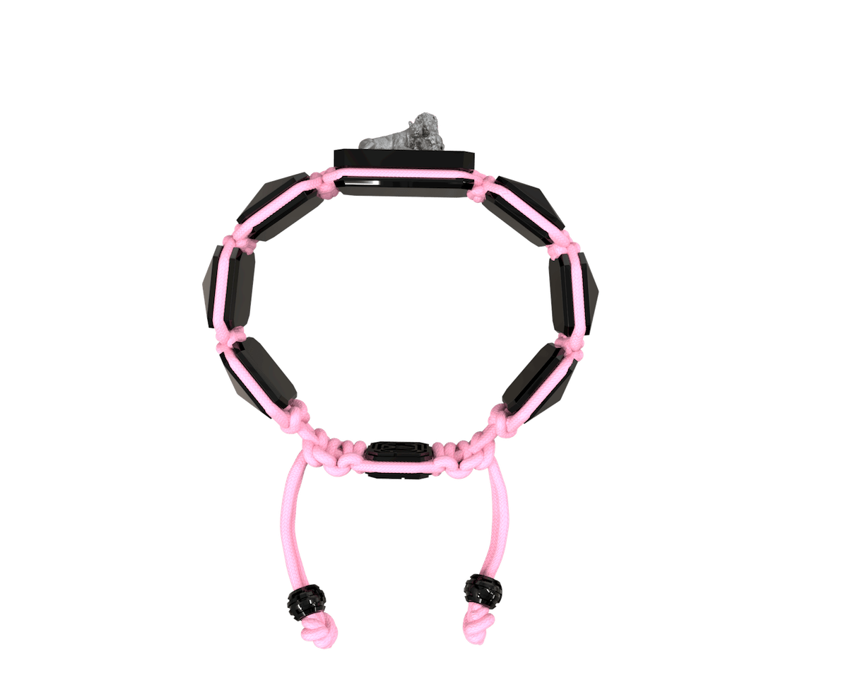 My Family First bracelet with black ceramic and sculpture finished in anthracite color complemented with a pink coloured cord.