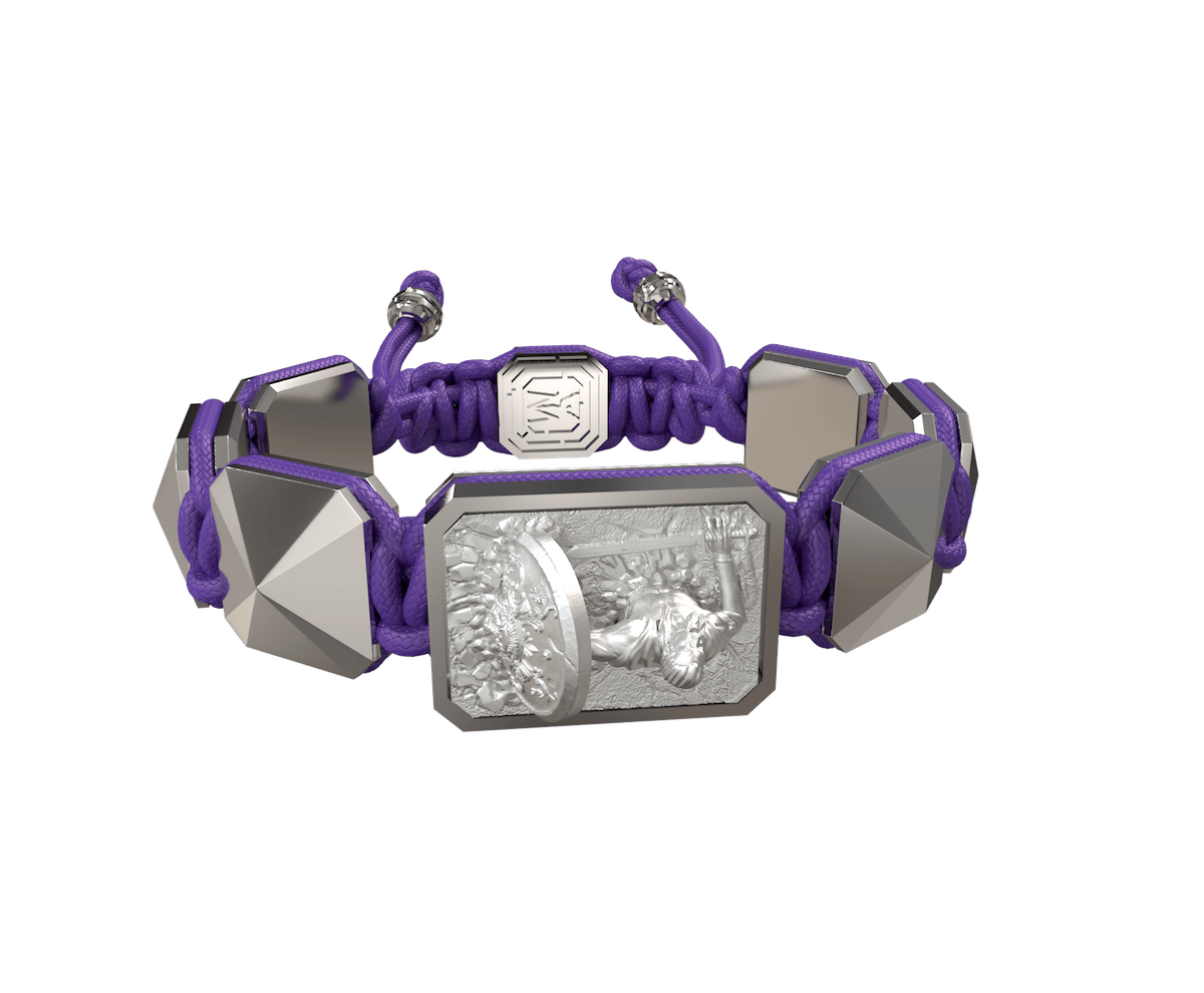 I Will Fight till the End bracelet with ceramic and sculpture finished in a Platinum effect complemented with a violet coloured cord.