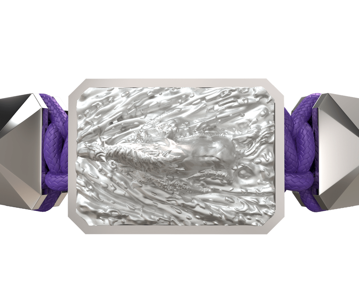 I'm Different bracelet with ceramic and sculpture finished in a Platinum effect complemented with a violet coloured cord.