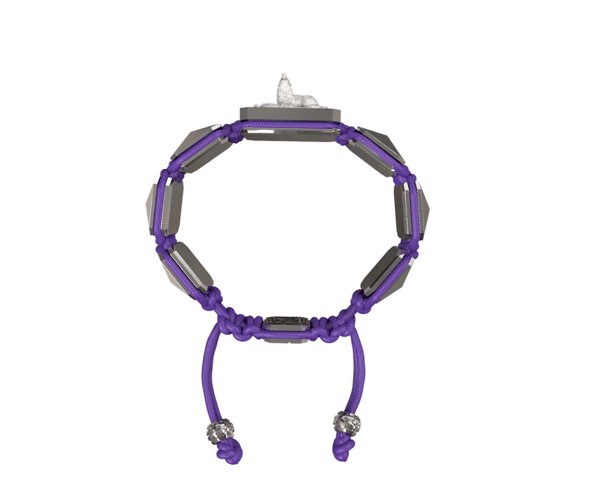 Selfmade bracelet with ceramic and sculpture finished in a Platinum effect complemented with a violet coloured cord.