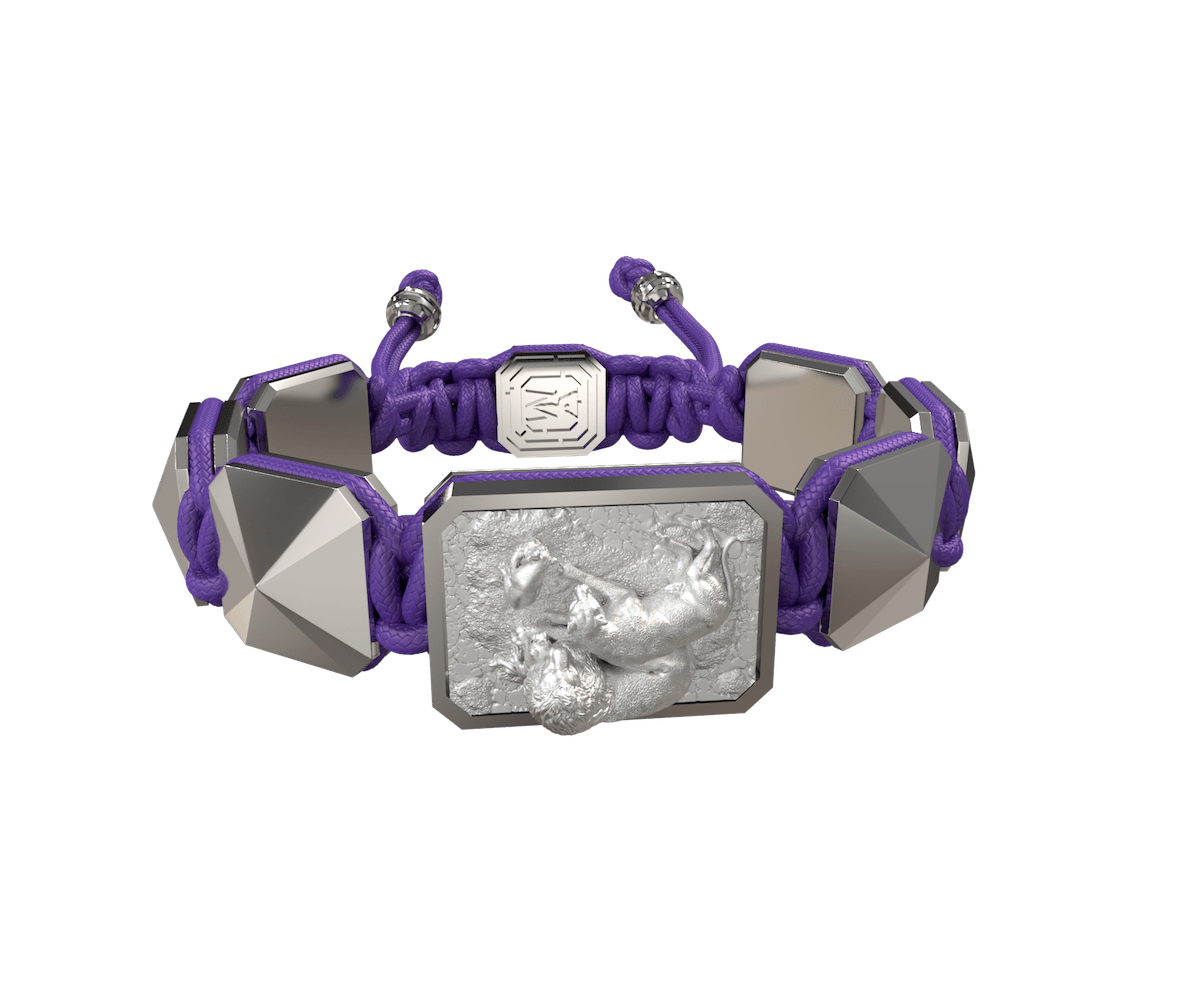 My Family First bracelet with ceramic and sculpture finished in a Platinum effect complemented with a violet coloured cord.