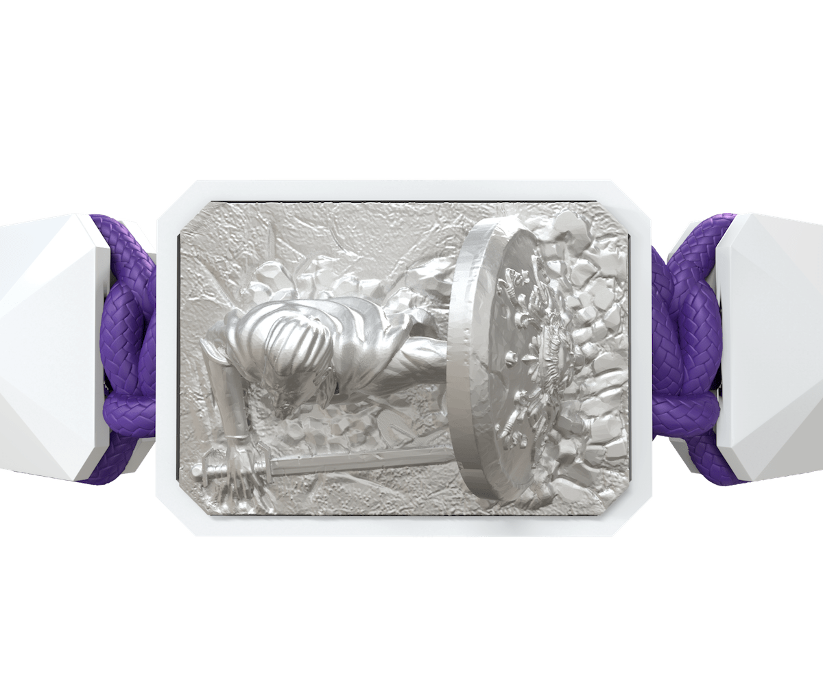 I Will Fight till the End bracelet with white ceramic and sculpture finished in a Platinum effect complemented with a violet coloured cord.