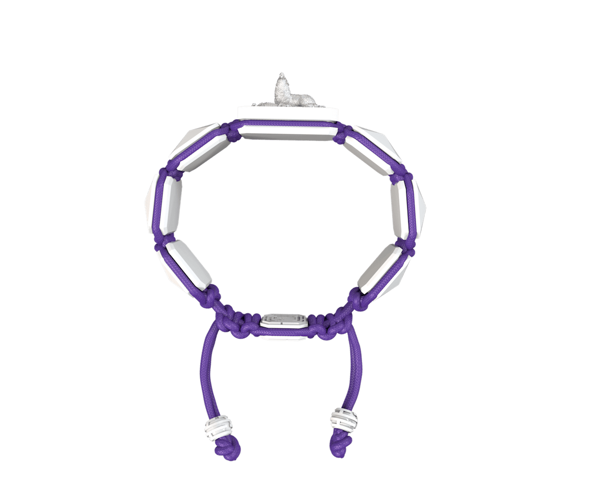Selfmade bracelet with white ceramic and sculpture finished in a Platinum effect complemented with a violet coloured cord.