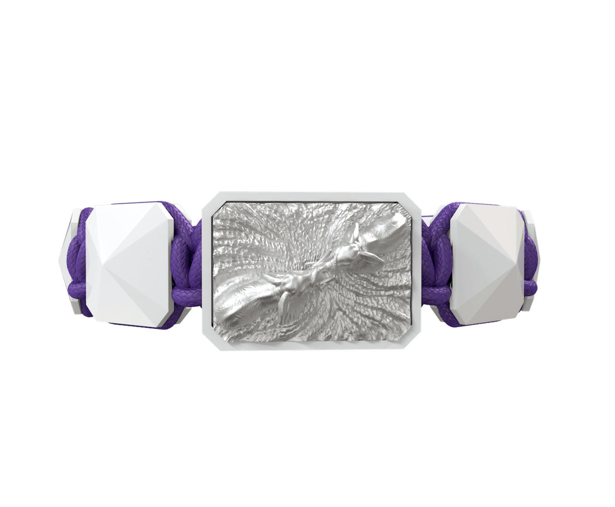 Forever In My Heart bracelet with white ceramic and sculpture finished in a Platinum effect complemented with a violet coloured cord.