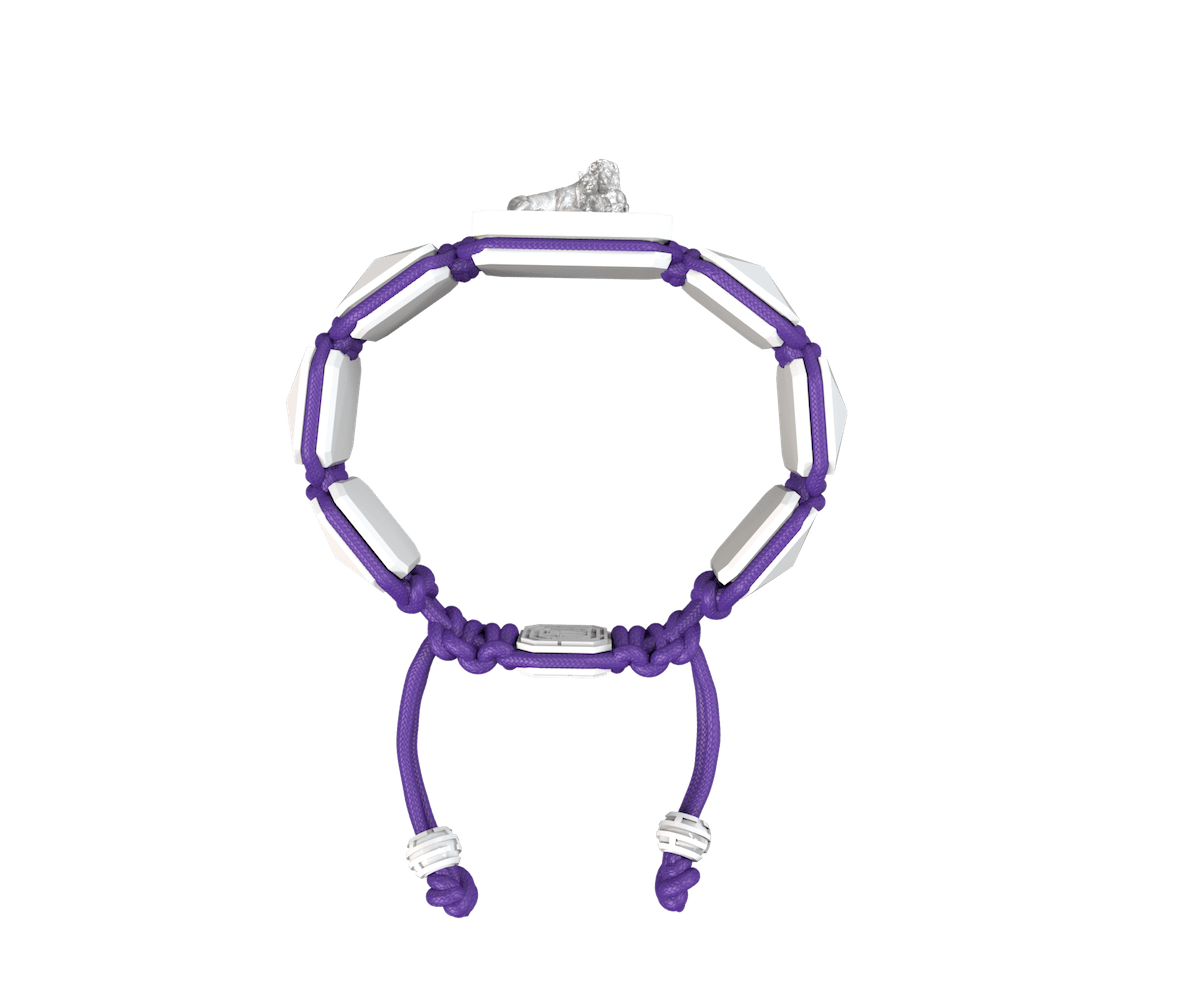 My Family First bracelet with white ceramic and sculpture finished in a Platinum effect complemented with a violet coloured cord.
