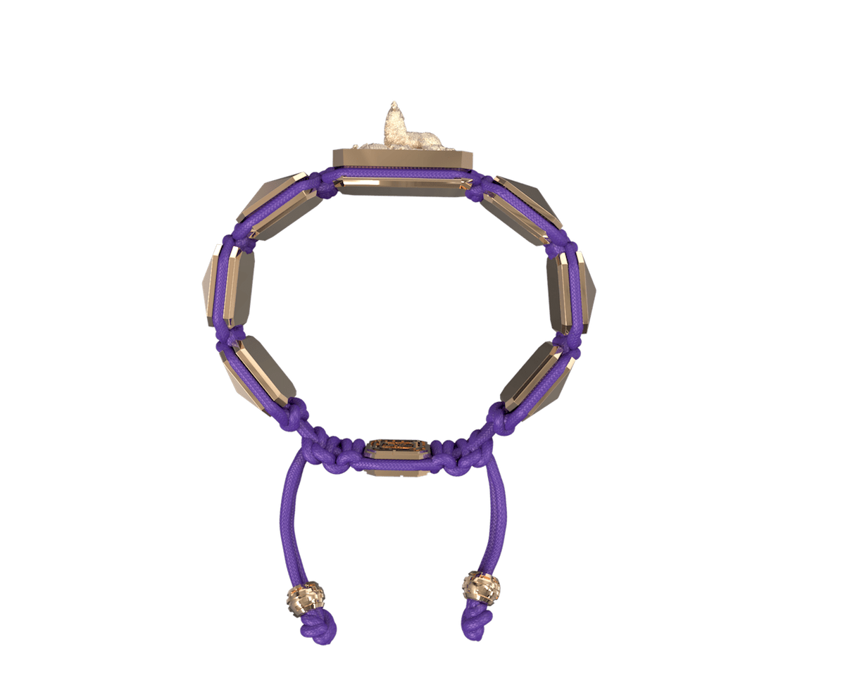 Selfmade bracelet with ceramic and sculpture finished in 18k Rose Gold complemented with a violet coloured cord.