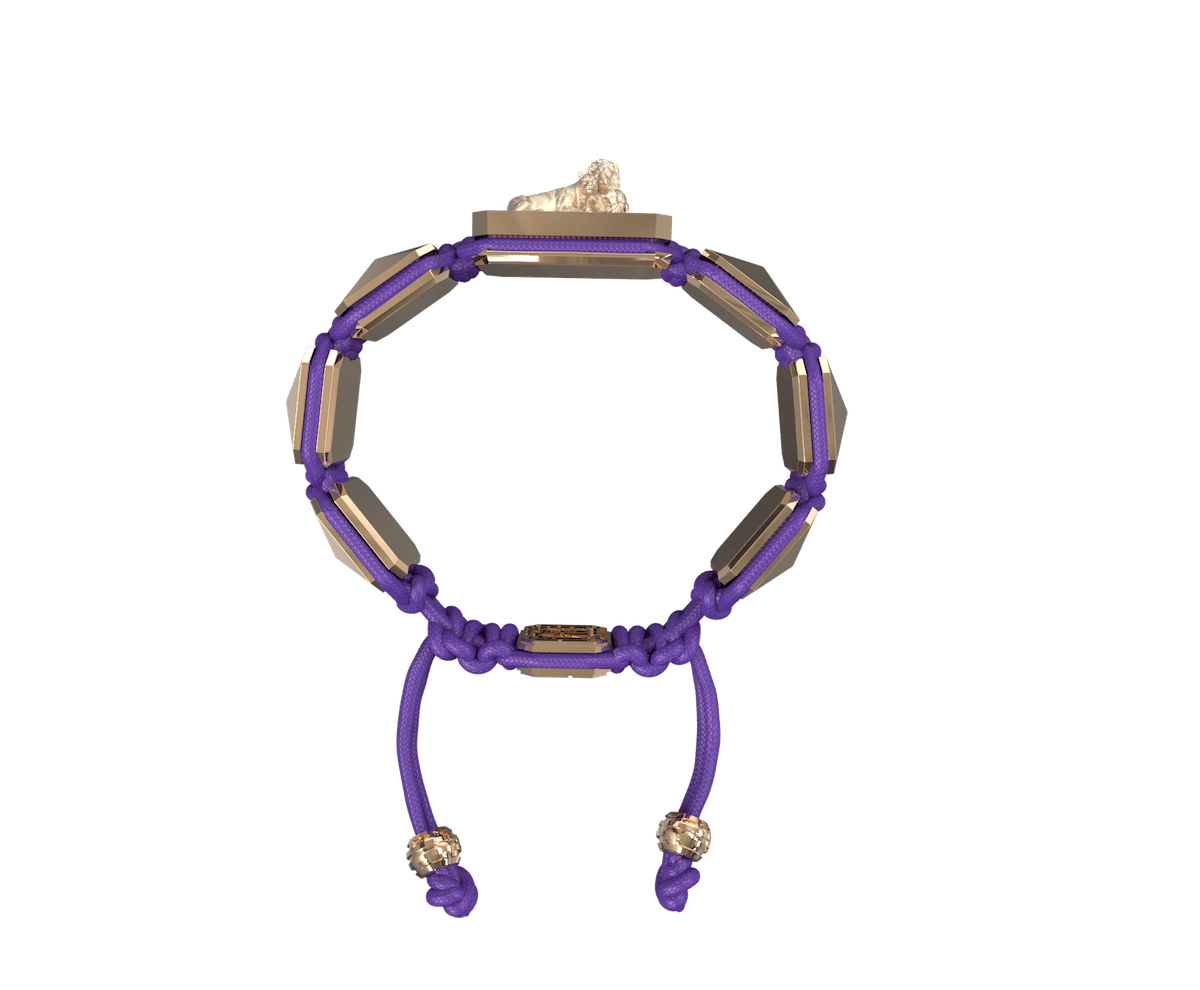 My Family First bracelet with ceramic and sculpture finished in 18k Rose Gold complemented with a violet coloured cord.
