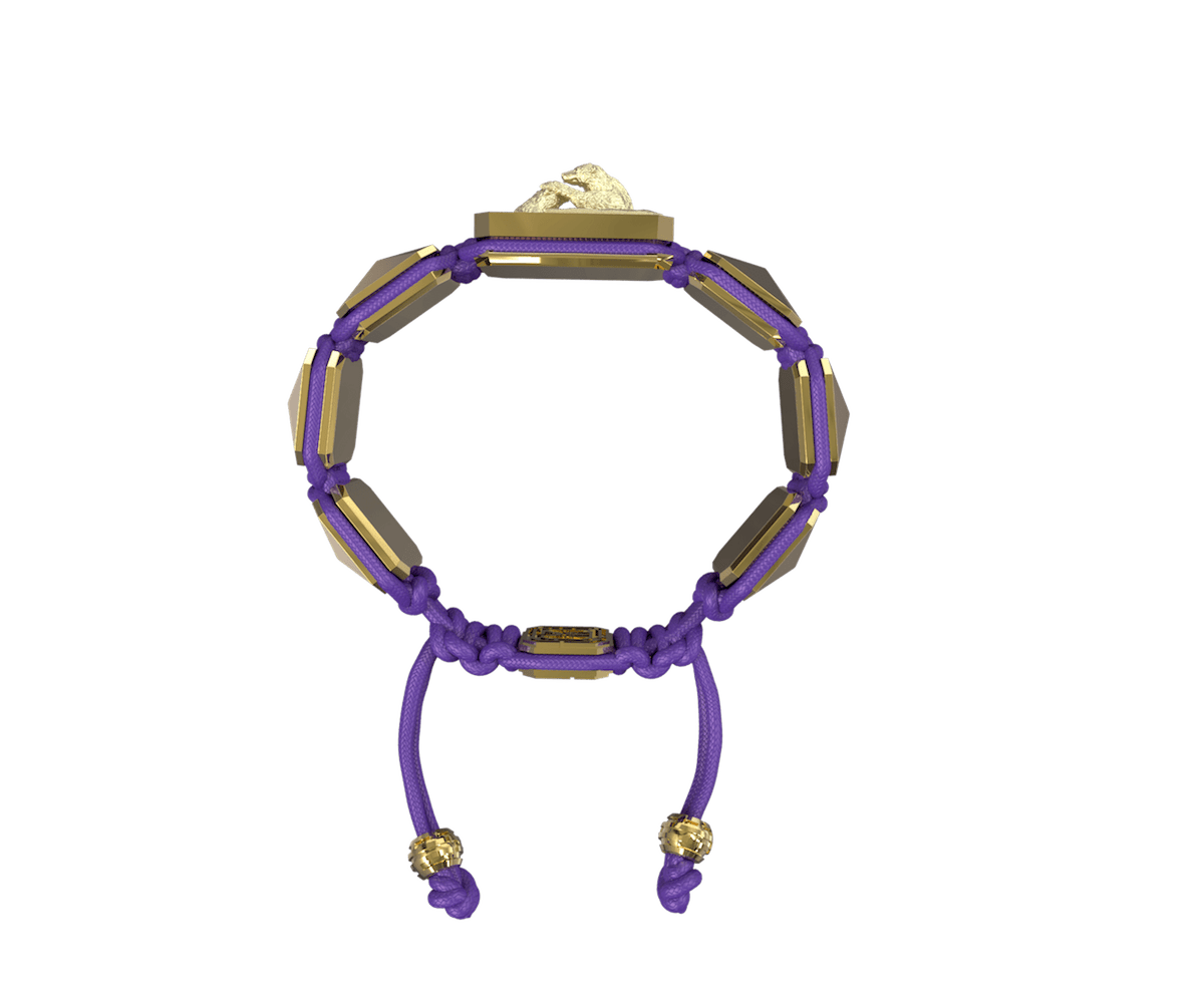 Proud Of You bracelet with ceramic and sculpture finished in 18k Yellow Gold complemented with a violet coloured cord.