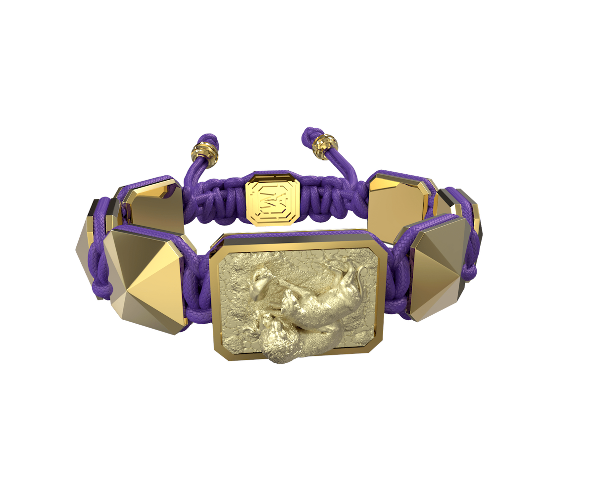 My Family First bracelet with ceramic and sculpture finished in 18k Yellow Gold complemented with a violet coloured cord.
