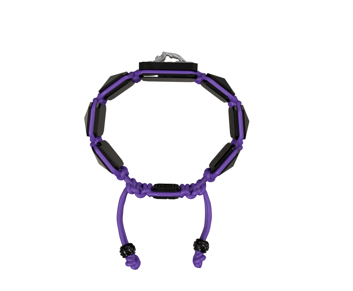 I Love Me bracelet with black ceramic and sculpture finished in anthracite color complemented with a violet coloured cord.