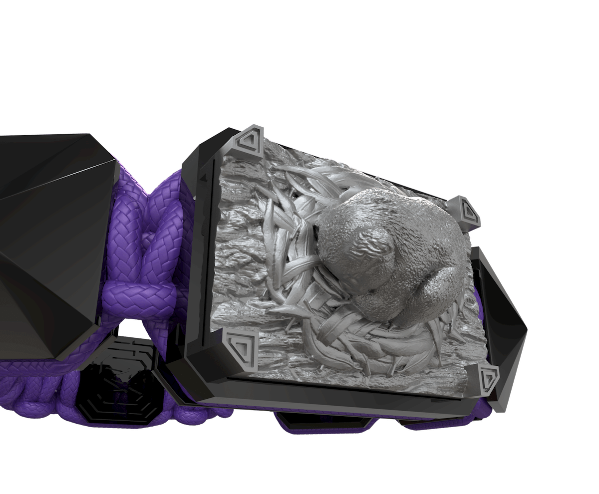 Pulsera I Love My Baby con cerámica negra y escultura acabada en color antracita. Hilo violeta.