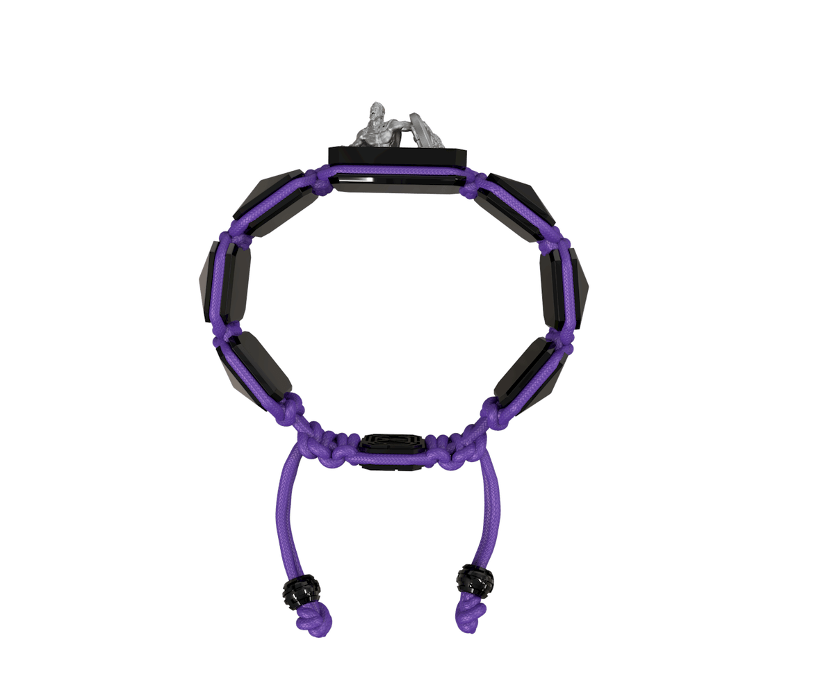 I Will Fight till the End bracelet with black ceramic and sculpture finished in anthracite color complemented with a violet coloured cord.