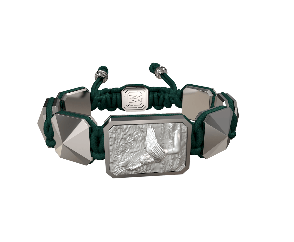Miss You bracelet with ceramic and sculpture finished in a Platinum effect complemented with a dark green coloured cord.