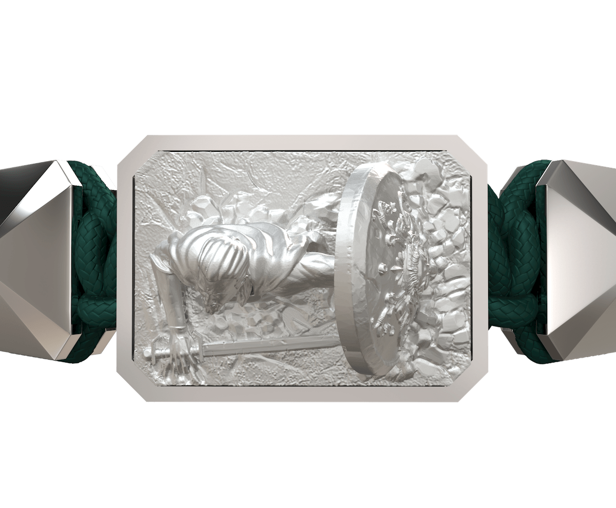 I Will Fight till the End bracelet with ceramic and sculpture finished in a Platinum effect complemented with a dark green coloured cord.